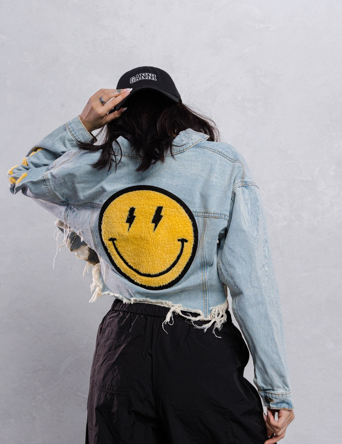 HAVE A NICE DAY yellow smiley Crop Denim Jacket