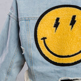 HAVE A NICE DAY yellow smiley Cropped Denim Jacket