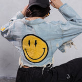 HAVE A NICE DAY yellow smiley Cropped Denim Jacket