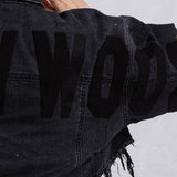 HOLLYWOOD SIGN black font Cropped Denim Jacket