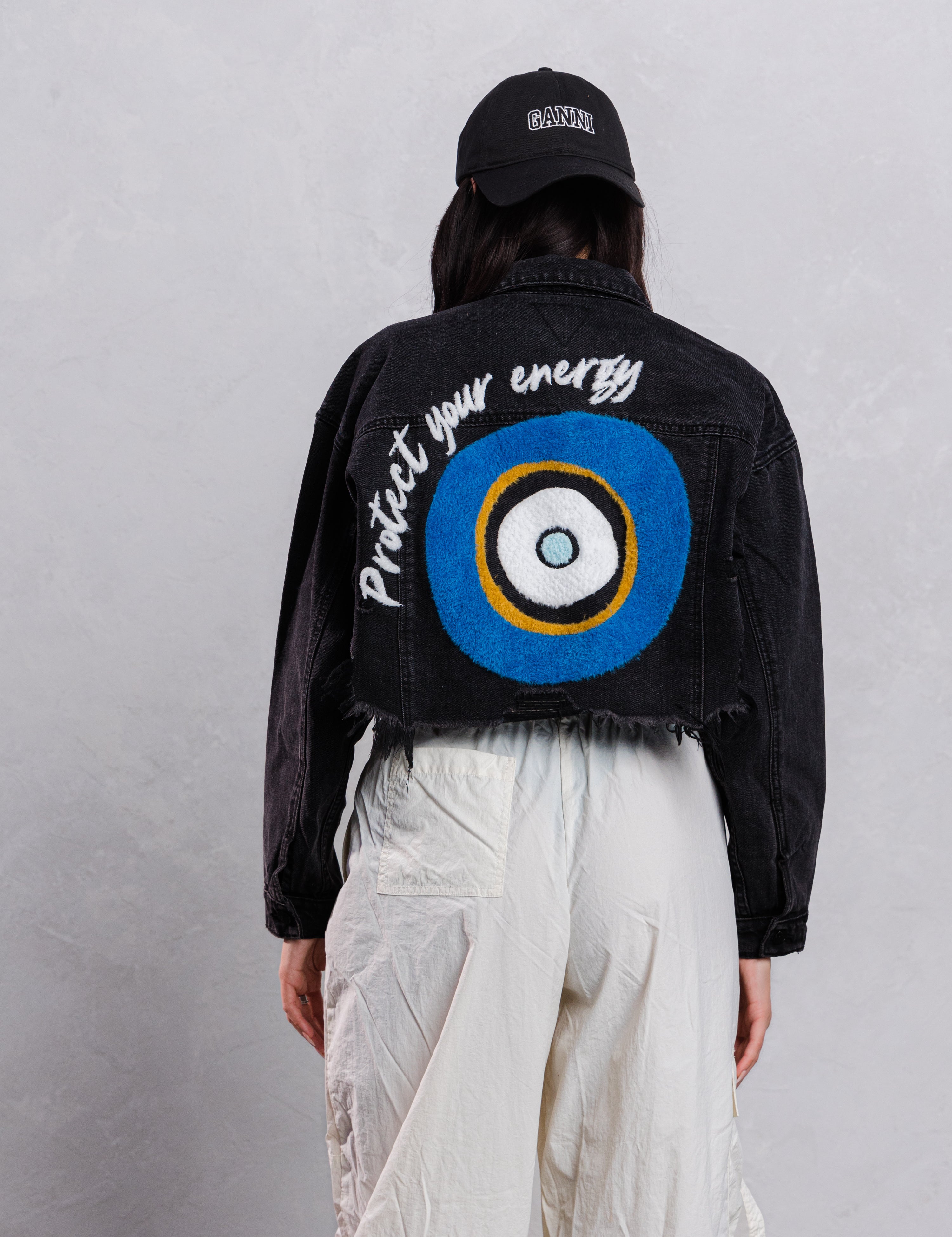 PROTECT YOUR ENERGY Cropped Denim Jacket