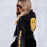 HAVE A NICE DAY yellow smiley Crop Denim Jacket