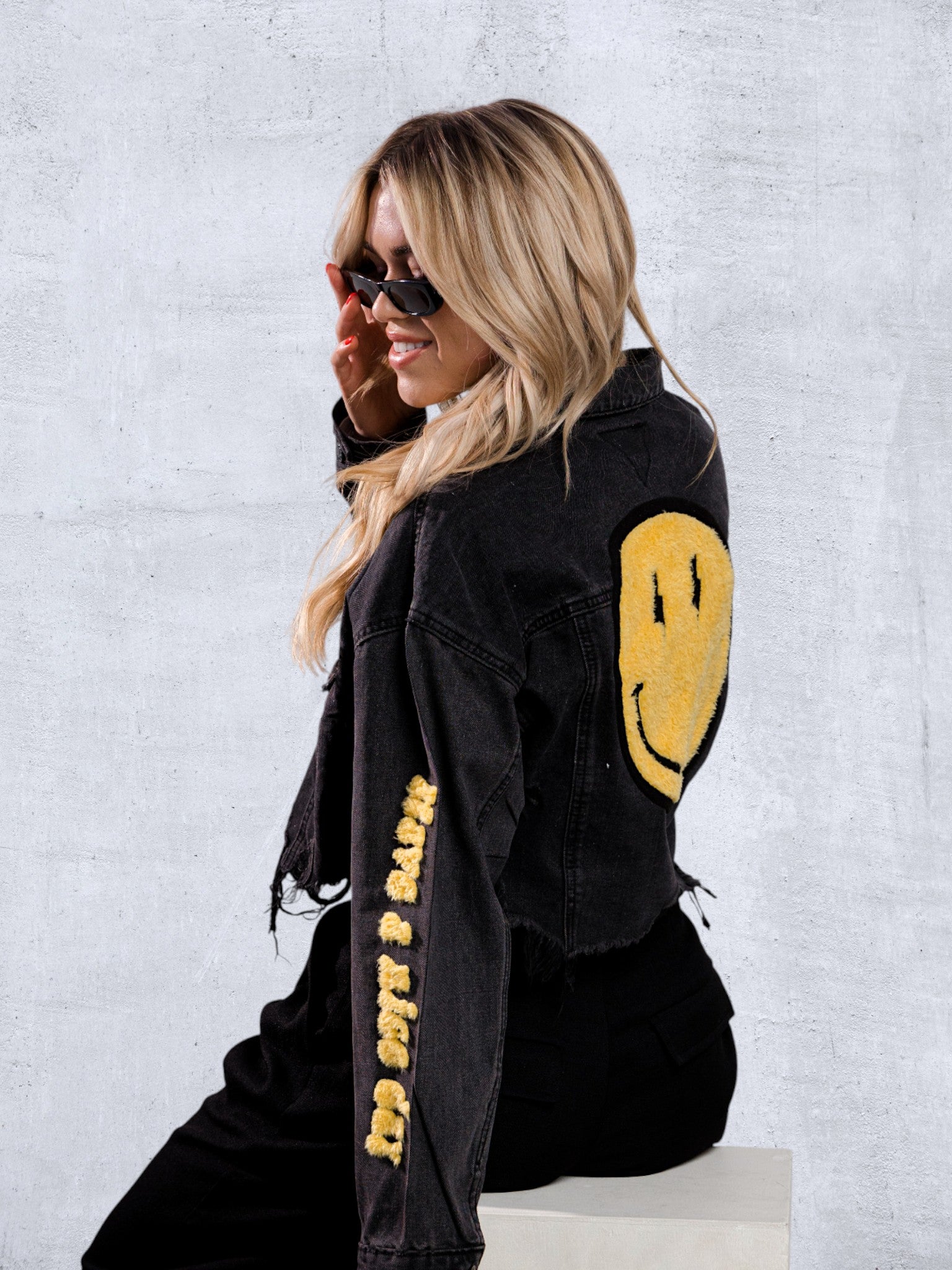 HAVE A NICE DAY yellow smiley Crop Denim Jacket