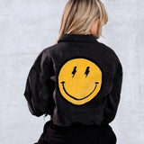 HAVE A NICE DAY yellow smiley Crop Denim Jacket