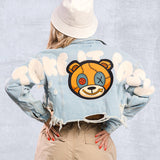 TAKE IT EASY teddy bear Crop Denim Jacket