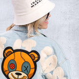 TAKE IT EASY teddy bear Crop Denim Jacket