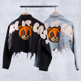 TAKE IT EASY teddy bear Crop Denim Jacket