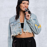 HAVE A NICE DAY yellow smiley Crop Denim Jacket