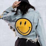 HAVE A NICE DAY yellow smiley Crop Denim Jacket