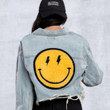 HAVE A NICE DAY yellow smiley Crop Denim Jacket
