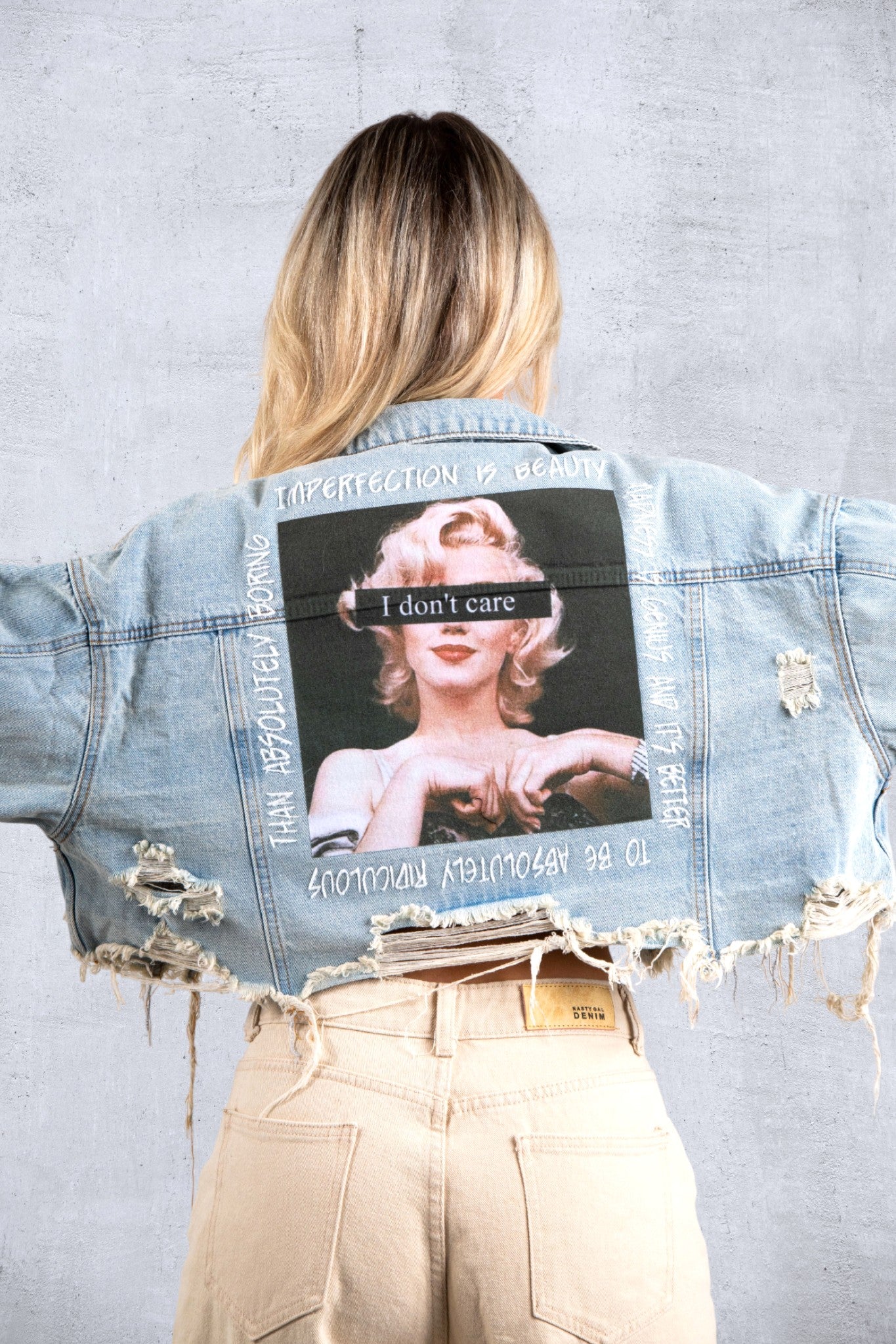 I DON'T CARE Crop Denim Jacket