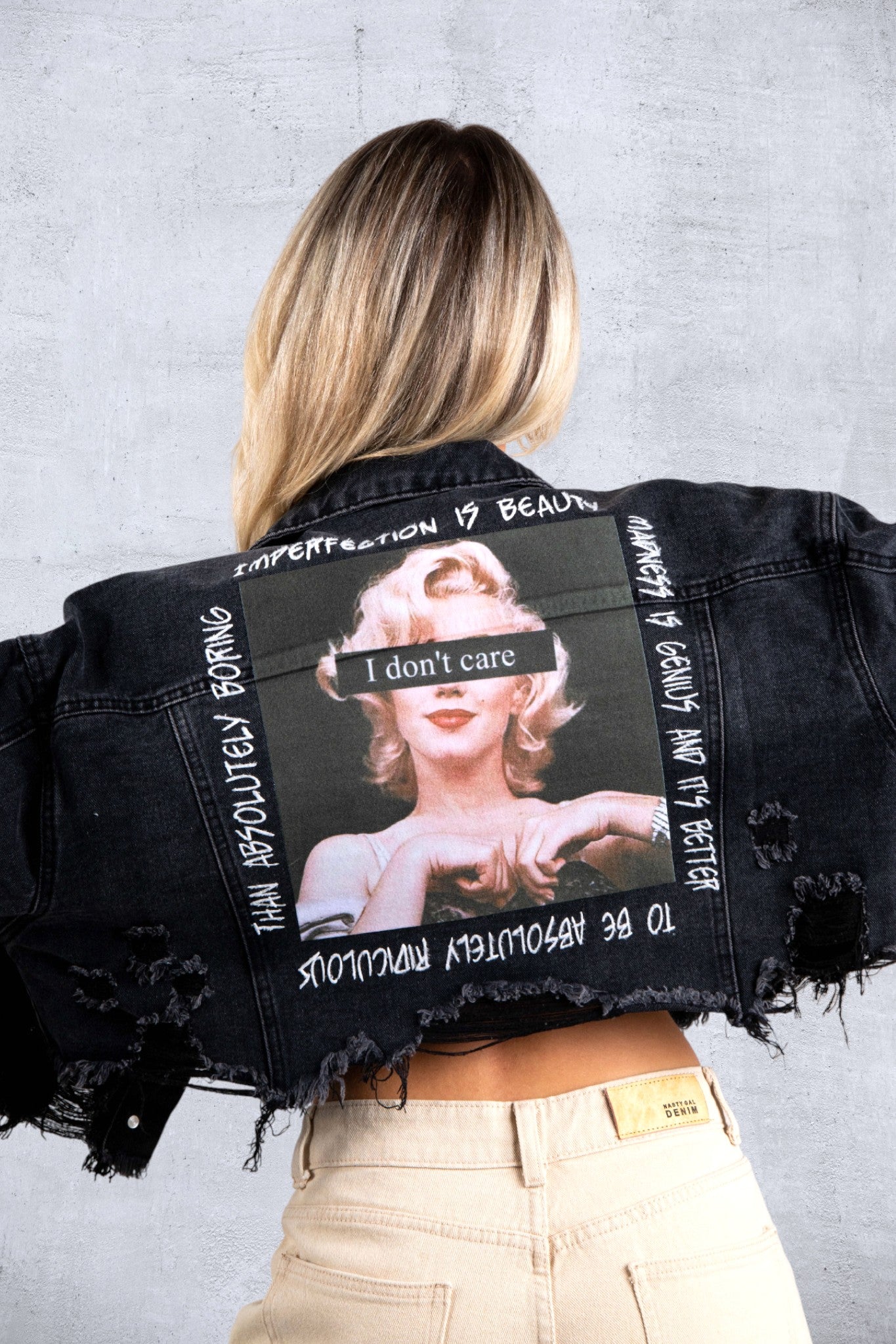 I DON'T CARE Crop Denim Jacket