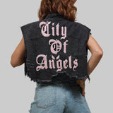 CITY OF ANGELS (PINK FONT) Crop Denim Vest Jacket