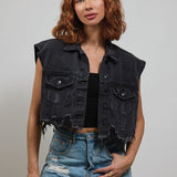 CITY OF ANGELS (CREAM FONT) Crop Denim Vest Jacket