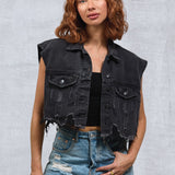 CITY OF ANGELS (CREAM FONT) Crop Denim Vest Jacket