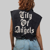 CITY OF ANGELS (CREAM FONT) Crop Denim Vest Jacket