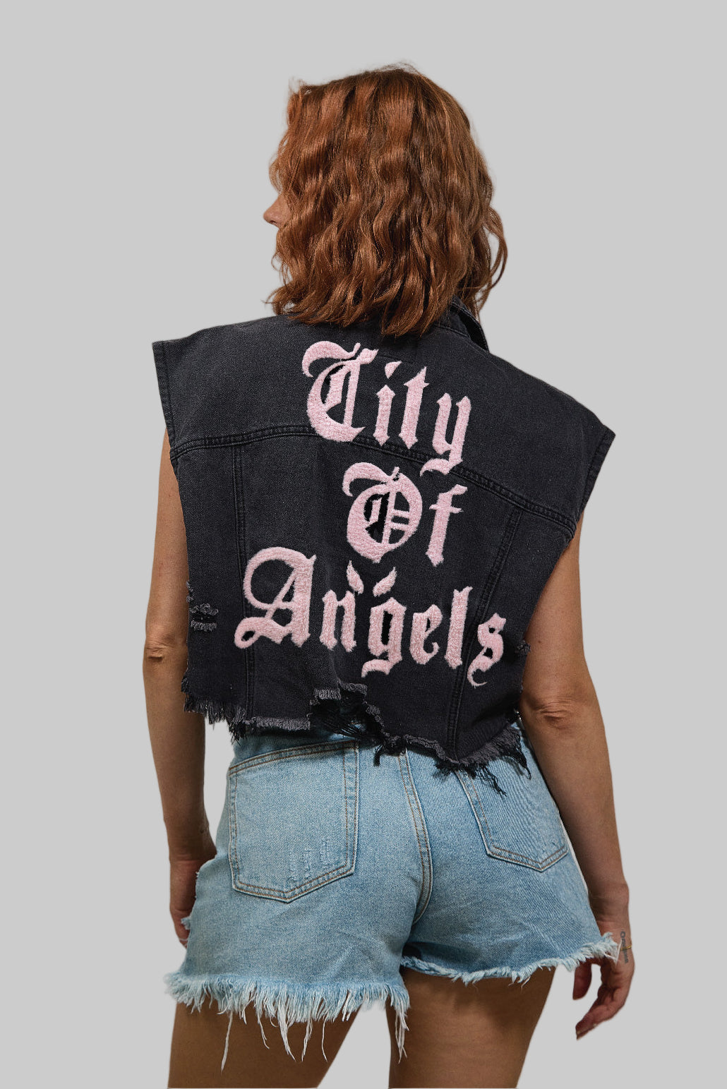 CITY OF ANGELS (PINK FONT) Crop Denim Vest Jacket