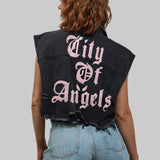 CITY OF ANGELS (PINK FONT) Crop Denim Vest Jacket