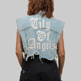 CITY OF ANGELS (CREAM FONT) Crop Denim Vest Jacket