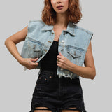 CITY OF ANGELS (CREAM FONT) Crop Denim Vest Jacket