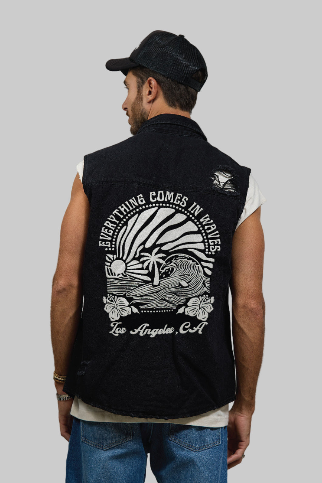 COMES IN WAVES Men Denim Vest Jacket