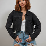 CITY OF ANGEL Cream font Women Cropped Denim Jacket