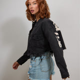 CITY OF ANGEL Cream font Women Cropped Denim Jacket