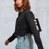 CITY OF ANGEL Cream font Women Cropped Denim Jacket