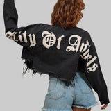 CITY OF ANGEL Cream font Women Cropped Denim Jacket