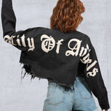 CITY OF ANGEL Cream font Women Cropped Denim Jacket