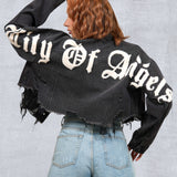 CITY OF ANGEL Cream font Women Cropped Denim Jacket