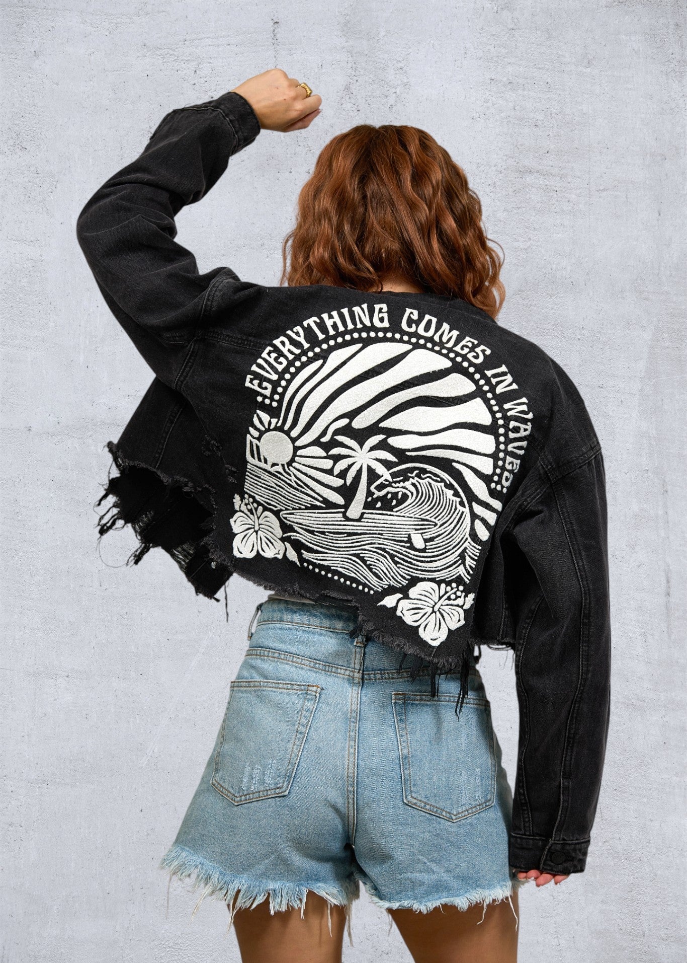 COMES IN WAVES Women Cropped Denim Jacket