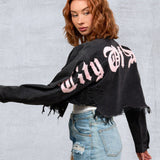 CITY OF ANGELS Pink font Women Cropped Denim Jacket