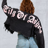 CITY OF ANGELS Pink font Women Cropped Denim Jacket