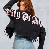 CITY OF ANGELS Pink font Women Cropped Denim Jacket