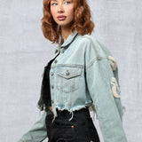 CITY OF ANGEL Cream font Women Cropped Denim Jacket
