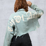CITY OF ANGEL Cream font Women Cropped Denim Jacket