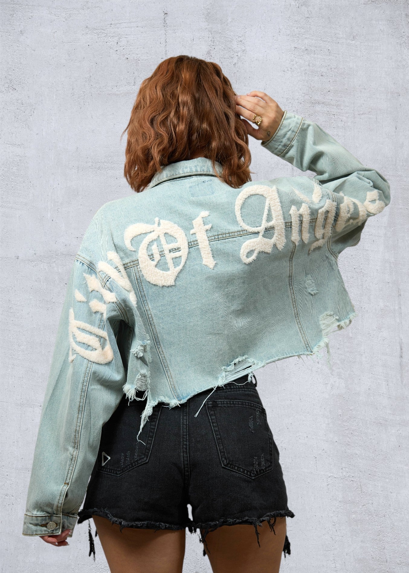 CITY OF ANGEL Cream font Women Cropped Denim Jacket