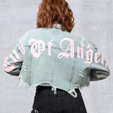CITY OF ANGELS Pink font Women Cropped Denim Jacket