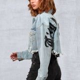 CITY OF ANGELS Black Font Women Cropped Denim Jacket