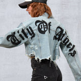CITY OF ANGELS Black Font Women Cropped Denim Jacket