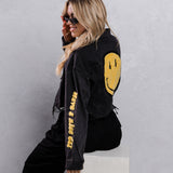 HAVE A NICE DAY yellow smiley Crop Denim Jacket